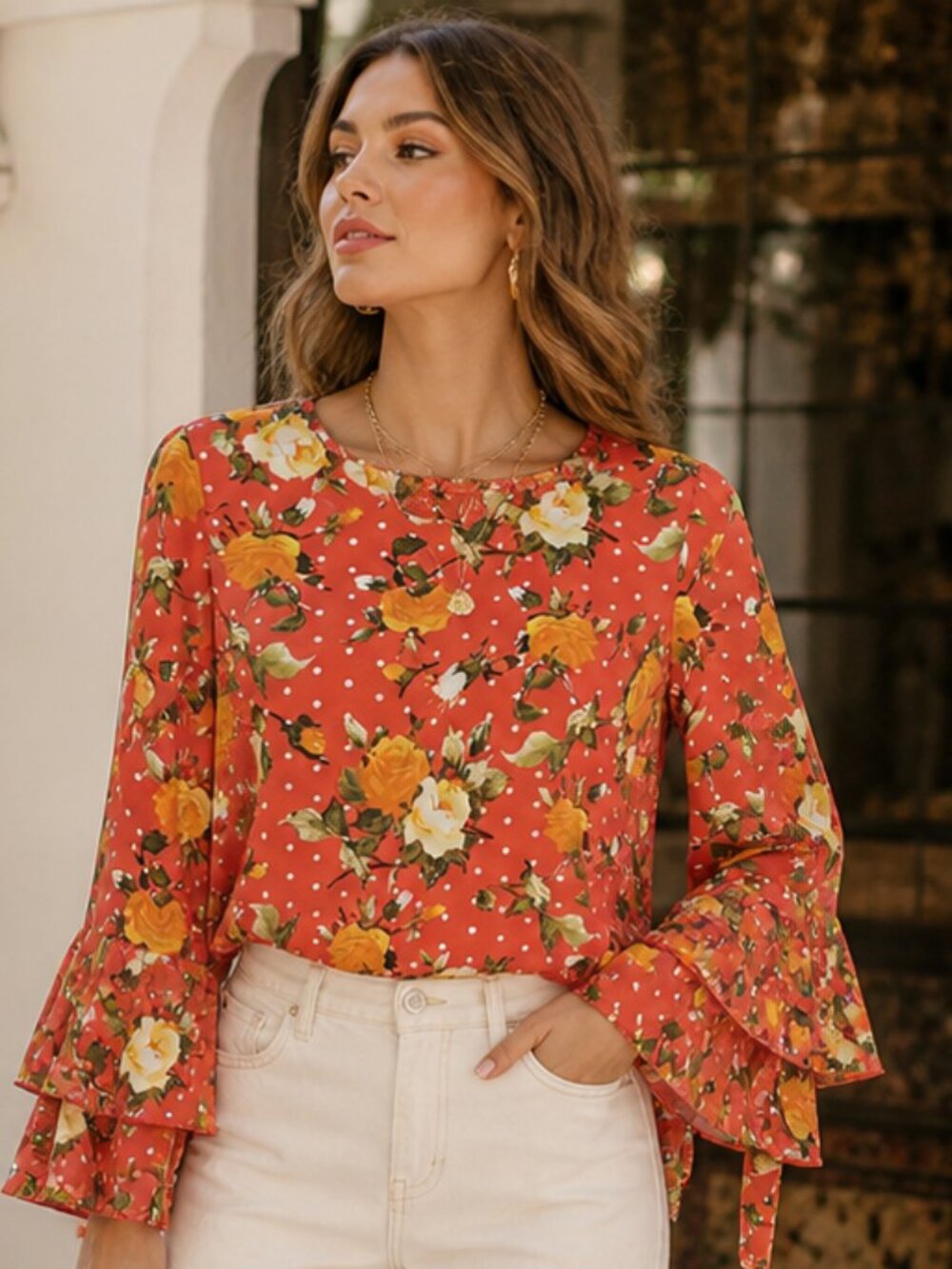 Penelope Red Floral Blouse with Ruffled Sleeves SZ S